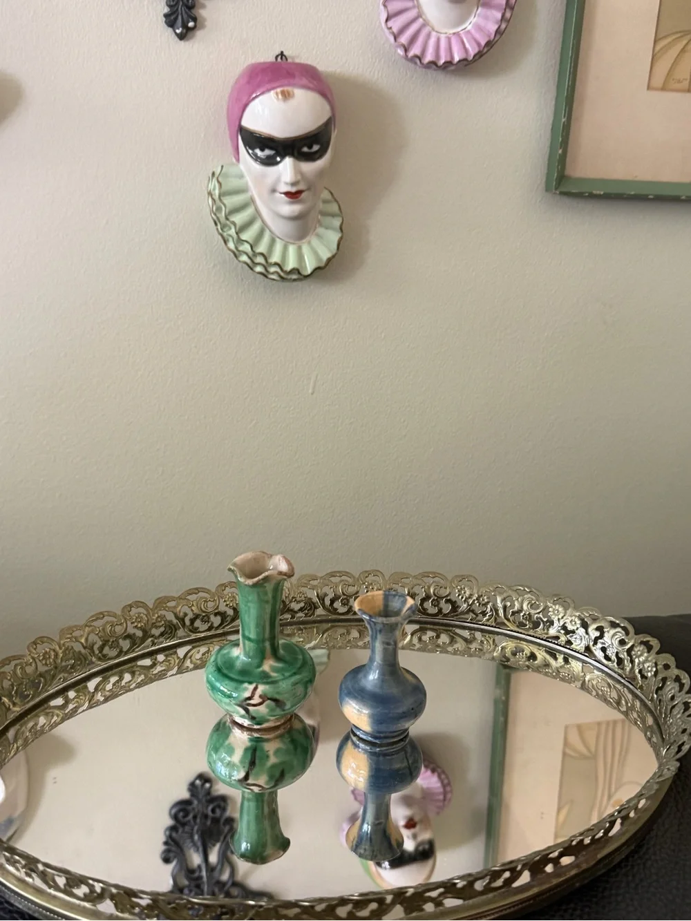 Vintage pair miniature ceramic drip glaze pottery vases, Mexico